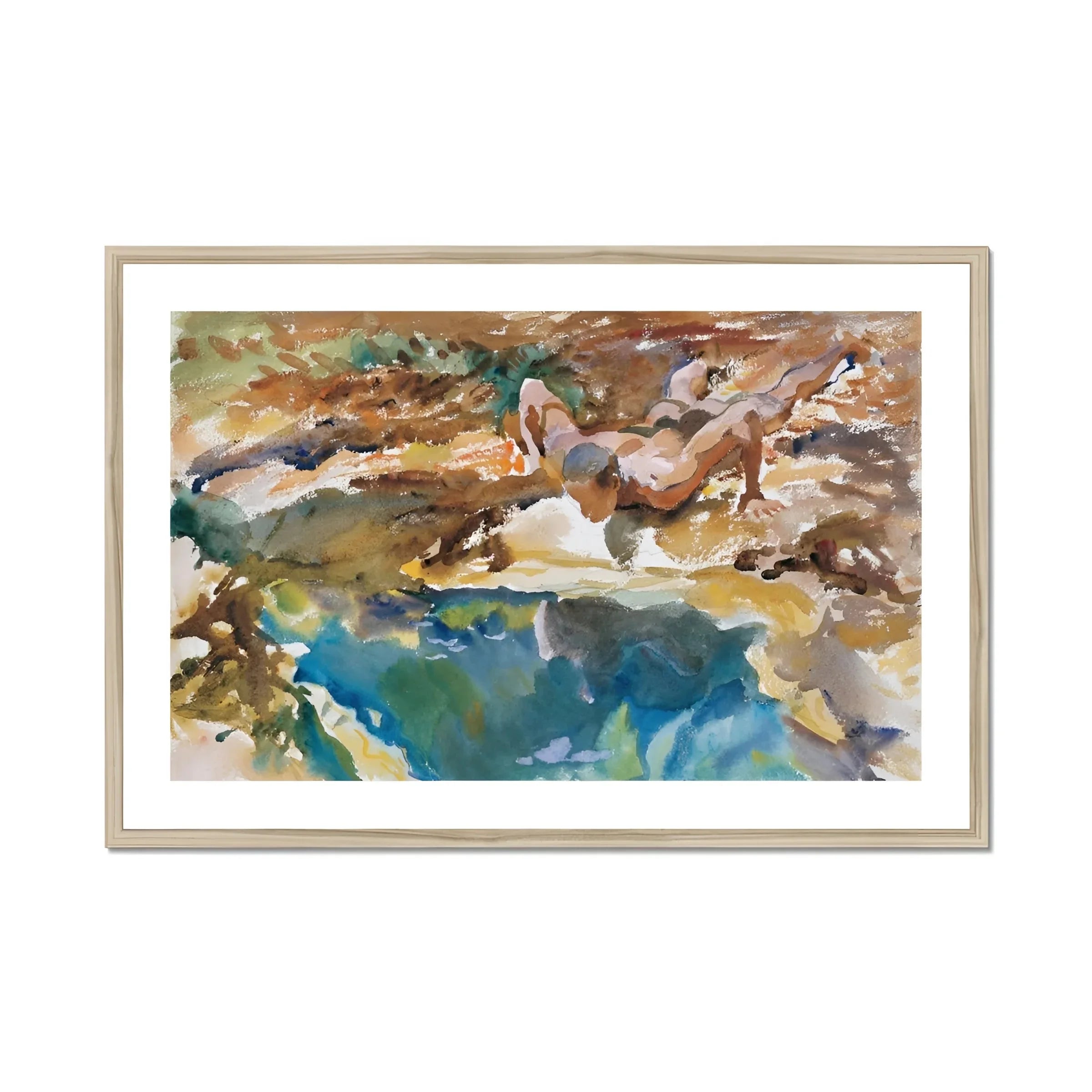 Man and Pool - John Singer Sargent Nude Art Print, Framed Watercolor Painting Horses Water