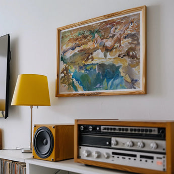 Man and Pool - John Singer Sargent Nude Art Print, Abstract Watercolor Artwork Gold Frame Blue Earth-toned Elements