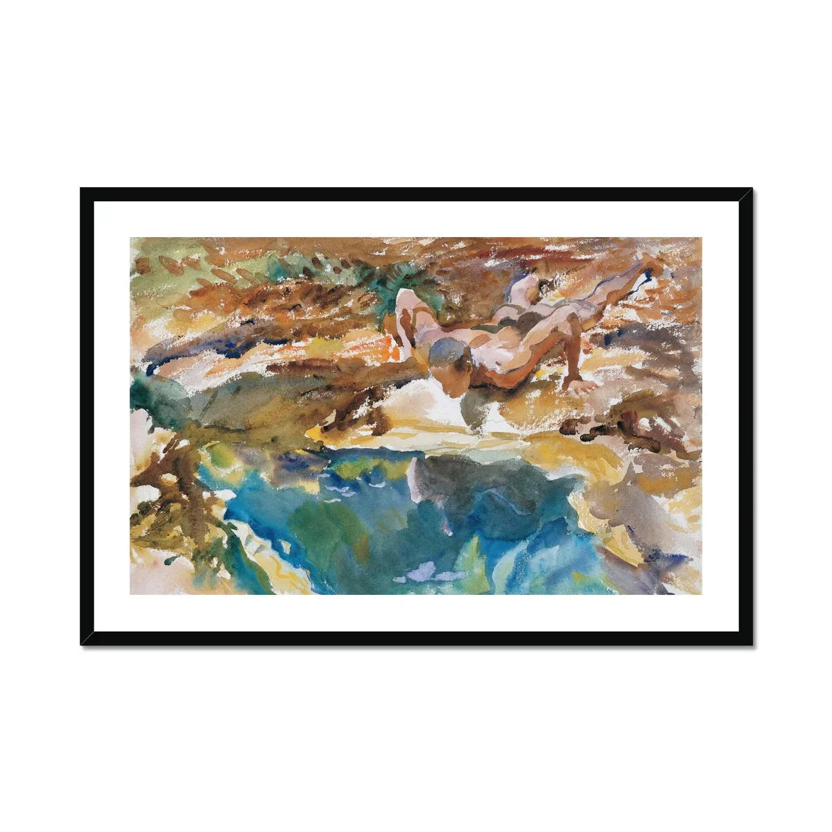 Man and Pool - John Singer Sargent Nude Art Print, Framed Watercolor Painting Horses Motion Water