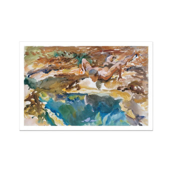 Man and Pool - John Singer Sargent Nude Art Print, Watercolor Painting Rocky Shoreline Blue Water
