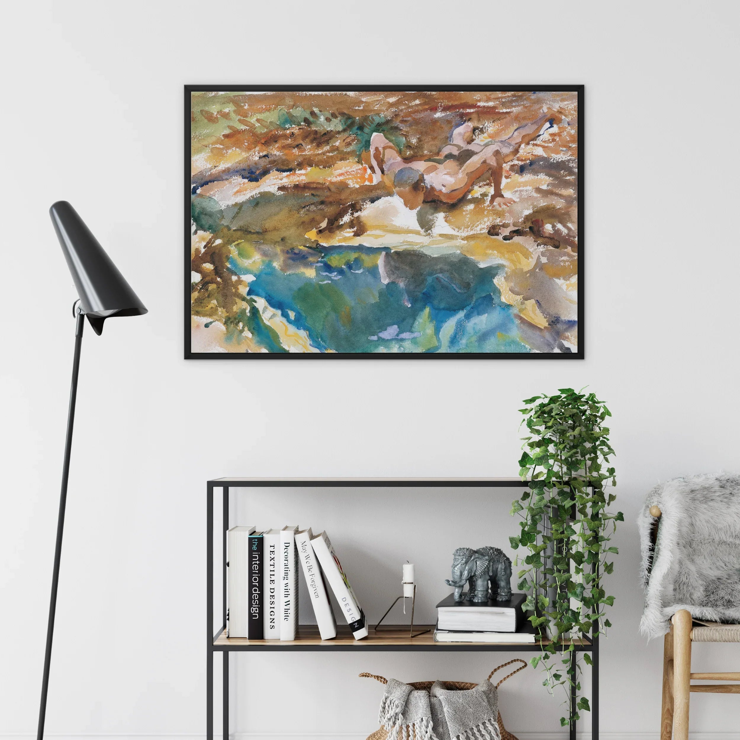Man and Pool - John Singer Sargent Nude Framed Canvas, Abstract Painting Earth Tones Turquoise Blues Black Frame