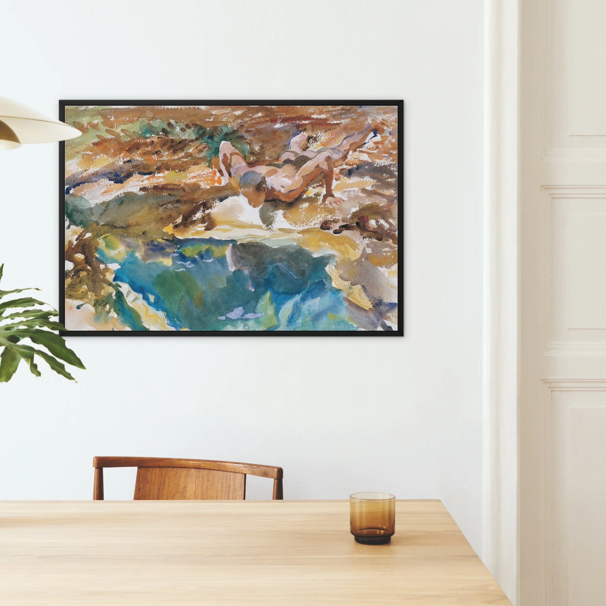 Man and Pool - John Singer Sargent Nude Framed Canvas, Abstract Painting Earthy Browns Deep Blues Black Frame