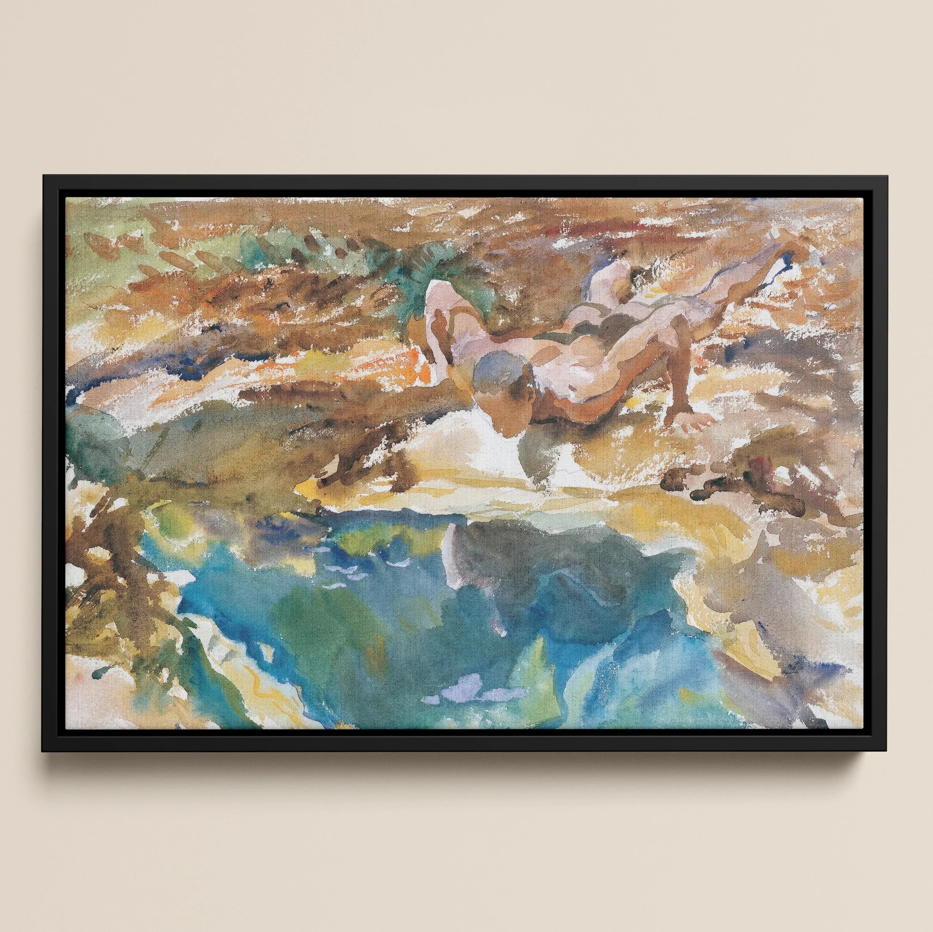 Man and Pool - John Singer Sargent Nude Framed Canvas, Framed Abstract Painting Figures Water Vibrant Colors Loose