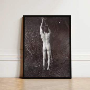 Black-framed Black-and-white Photographic Print Nude Figure Arms Raised Man Posing Naked, Holding, Branch, Von Gloeden