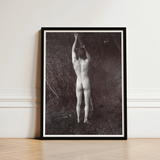 Black-framed Black-and-white Photographic Print Nude Figure Arms Raised Man Posing Naked, Holding, Branch, Von Gloeden