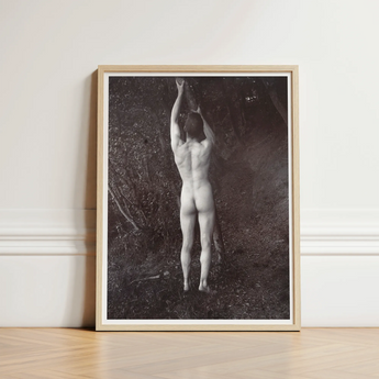 Black-and-white Photographic Print Light Wood Frame Nude Figure Man Posing Naked, Holding, Branch, Von Gloeden
