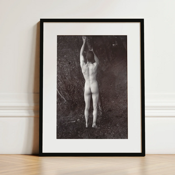 Man Posing Naked Holding Branch of a Tree - Edwin Nichol Fallaize Art Print / Canvas, 12x16’’ / 31x41cm / Black Frame / Matboard, Posters