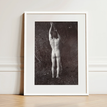 Man Posing Naked Holding Branch of a Tree - Edwin Nichol Fallaize Art Print / Canvas, 12x16’’ / 31x41cm / White Frame / Matboard, Posters