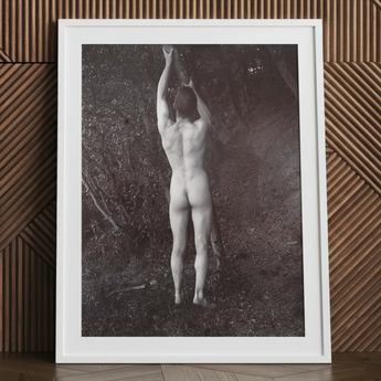 Man Posing Naked Holding Branch of a Tree - Edwin Nichol Fallaize Art Print / Canvas, 24x32’’ / 61x81cm / White Frame / Matboard, Posters