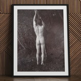 Man Posing Naked Holding Branch of a Tree - Edwin Nichol Fallaize Art Print / Canvas Black-framed Black-and-white Photographic Nude Figure