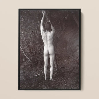 Man Posing Naked Holding Branch of a Tree - Edwin Nichol Fallaize Art Print / Canvas Black-framed Black-and-white Photographic Nude Male