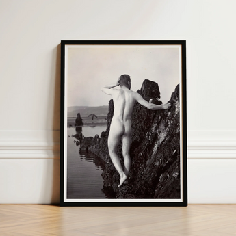 Man Posing Naked on a Rocky Outcrop - Edwin Nichol Fallaize Art Print / Canvas Black-framed Black-and-white Photographic Nude Figure