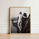 Man Posing Naked on a Rocky Outcrop - Edwin Nichol Fallaize Art Print / Canvas Black-and-white Framed Photograph Nude Terrain Water, Male,
