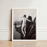 Man Posing Naked on a Rocky Outcrop - Edwin Nichol Fallaize Art Print / Canvas Black-and-white Framed Photograph Nude Terrain Water, Male,