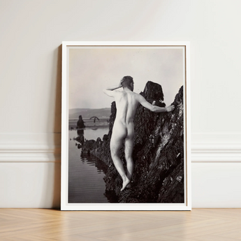 Man Posing Naked on a Rocky Outcrop - Edwin Nichol Fallaize Art Print / Canvas Black-and-white Framed Photograph Nude Terrain Water, Male,