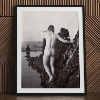 Man Posing Naked on a Rocky Outcrop - Edwin Nichol Fallaize Art Print / Canvas, 24x32’’ / 61x81cm / Black Frame / Matboard, Posters Prints