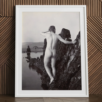 Man Posing Naked on a Rocky Outcrop - Edwin Nichol Fallaize Art Print / Canvas, 24x32’’ / 61x81cm / White Frame / Matboard, Posters Prints