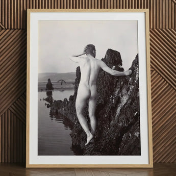 Man Posing Naked on a Rocky Outcrop - Edwin Nichol Fallaize Art Print / Canvas Framed Black-and-white Photograph Nude Terrain Water, Male,