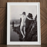 Man Posing Naked on a Rocky Outcrop - Edwin Nichol Fallaize Art Print / Canvas White-framed Black-and-white Photographic Nude Male Figure