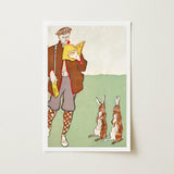 Man Reading a Book with Hares - Edward Penfield Art Print / Canvas Vintage-style Illustrated Brown Attire Two Rabbits, Queer Coding Meets