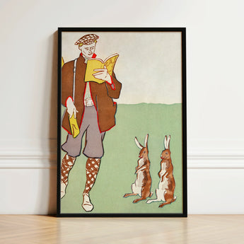 Man Reading a Book with Hares - Edward Penfield Art Print / Canvas Framed Illustration Brown Attire Two Rabbits Set, Queer Coding Meets