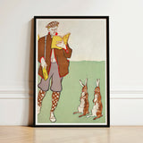 Man Reading a Book with Hares - Edward Penfield Art Print / Canvas Framed Illustration Brown Attire Two Rabbits Rendered, Queer Coding