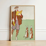 Man Reading a Book with Hares - Edward Penfield Art Print / Canvas Framed Illustration Brown Attire Patterned Socks Two, Queer Coding Meets