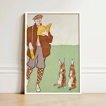 Man Reading a Book with Hares - Edward Penfield Art Print / Canvas Framed Illustration Vintage Attire Two Rabbits Rendered, Queer Coding