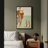 Man Reading a Book with Hares - Edward Penfield Art Print / Canvas Framed Artwork Brown Attire Two Rabbits Set, Queer Coding Meets American