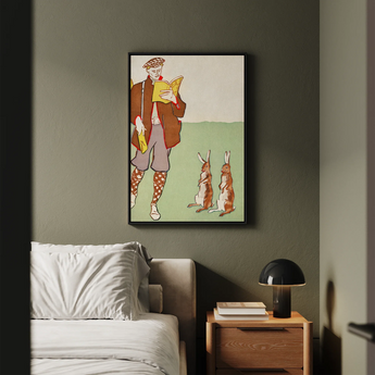 Man Reading a Book with Hares - Edward Penfield Art Print / Canvas Framed Artwork Brown Attire Two Rabbits Set, Queer Coding Meets American