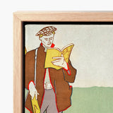 Man Reading a Book with Hares - Edward Penfield Art Print / Canvas Framed Stylized Illustration Brown Coat, Queer Coding Meets American,