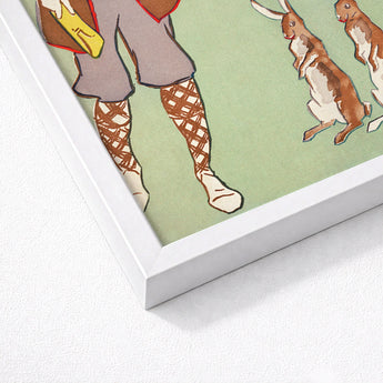 Man Reading a Book with Hares - Edward Penfield Art Print / Canvas Framed Illustration Character Brown Gray Attire Patterned Stockings,