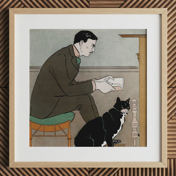 Man Reading a Book - Edward Penfield Art Print / Canvas, 12x12’’ / 31x31cm / Natural Frame / Matboard, Posters Prints & Visual Artwork,