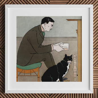 Man Reading a Book - Edward Penfield Art Print / Canvas, 12x12’’ / 31x31cm / White Frame / Matboard, Posters Prints & Visual Artwork, Toby