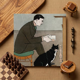 Man Reading a Book - Edward Penfield Art Print / Canvas Square-framed Illustration Dark Green Suit Black White, Amber-orange Chair,