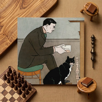 Man Reading a Book - Edward Penfield Art Print / Canvas Square-framed Illustration Dark Green Suit Black White, Amber-orange Chair,