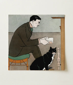 Vintage-style Illustration Print Man Dark Suit Black White Reading, Amber-orange Chair, Edward Penfield’s, Olive-brown Sack, Bent, Forward,