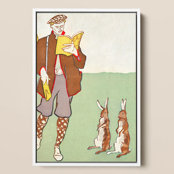 Man Reading a Book with Hares - Edward Penfield Art Print / Canvas, 12x18’’ / 31x46cm / White Frame, Posters Prints & Visual Artwork, Toby