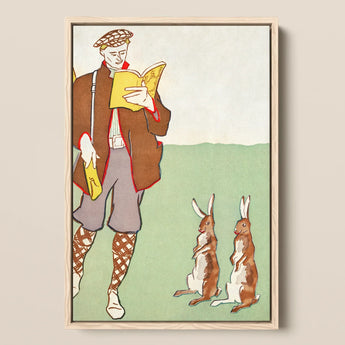 Man Reading a Book with Hares - Edward Penfield Art Print / Canvas Framed Illustration Man Period Attire Two Rabbits Rendered Edward