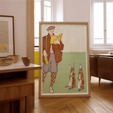Man Reading a Book with Hares - Edward Penfield Art Print / Canvas Framed Illustration Person Vintage Attire Two Rabbits Edward Penfield
