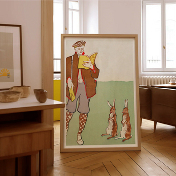Man Reading a Book with Hares - Edward Penfield Art Print / Canvas Framed Illustration Person Vintage Attire Two Rabbits Edward Penfield