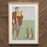 Man Reading a Book with Hares - Edward Penfield Art Print / Canvas Framed Illustration Man Vintage Attire Two Rabbits Enclosed Edward