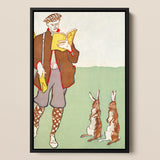 Man Reading a Book with Hares - Edward Penfield Art Print / Canvas Framed Vintage-style Illustration Man Brown Attire Two Rabbits Edward