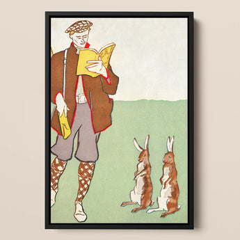 Man Reading a Book with Hares - Edward Penfield Art Print / Canvas Framed Vintage-style Illustration Man Brown Attire Two Rabbits Edward