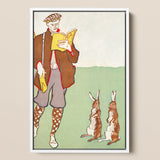 Man Reading a Book with Hares - Edward Penfield Art Print / Canvas Framed Vintage-style Illustration Man Period Attire Two Rabbits Edward