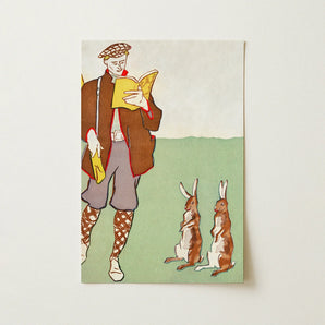 Man Reading a Book with Hares - Edward Penfield Art Print / Canvas Vintage-style Illustrated Postcard Man Brown Coat Patterned Socks Edward