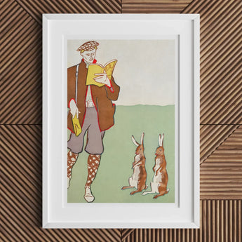 Man Reading a Book with Hares - Edward Penfield Art Print, Framed Artwork Stylized Figure Two Rabbits Field