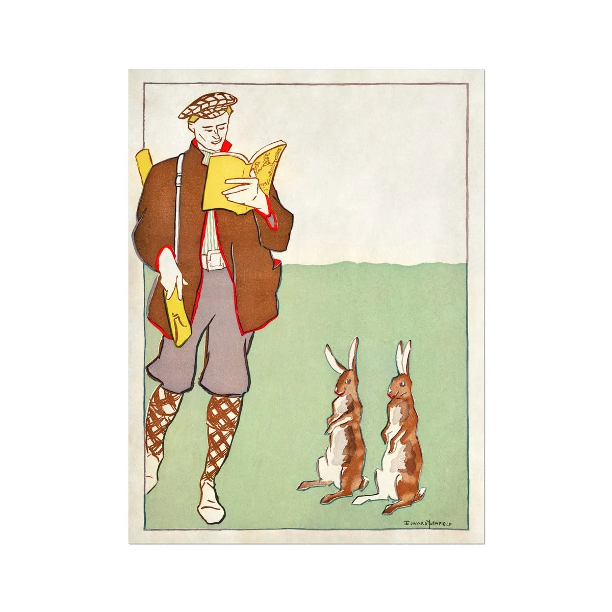 Man Reading a Book With Hares By Edward Penfield Fine Art Print - 24’x32’ - Posters Prints & Visual Artwork