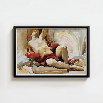 Framed Painting Sleek Black Frame Impressionistic Depiction Nude John Singer Sargent, Red Drapery, Announces, Post-1900 Watercolor Male
