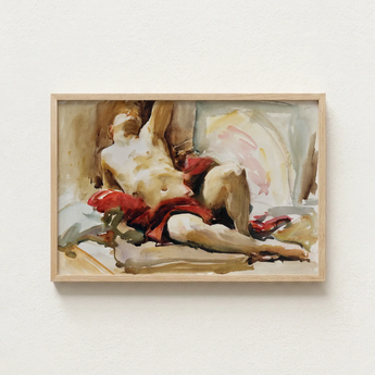 Framed Painting Nude Figure Red Fabric Rendered Soft John Singer Sargent, Drapery, Announces, Post-1900 Watercolor Male
